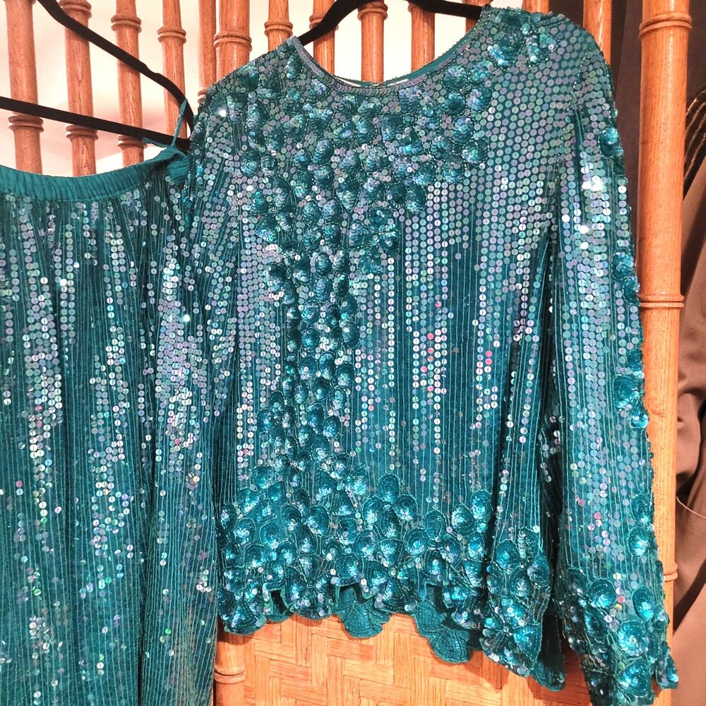 Scala VTG Tunic Teal Silk Sequin Formal Dress Blouse Top Skirt MOB Evening Small